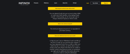 Depositos y retiros Infinox